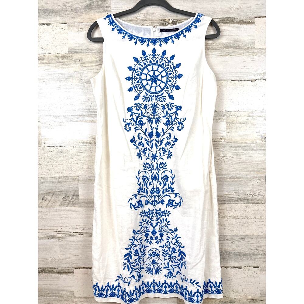 Marks & Spencer 10 White Blue Flax Embroidered Midi Dress Lightweight Boho Chic